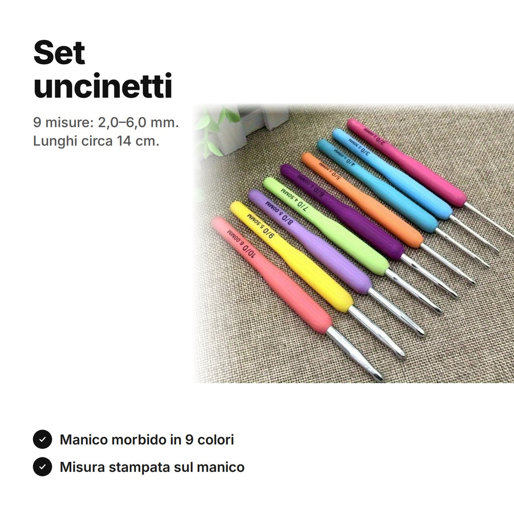 Set uncinetti con 9 misure da 2,0 a 6,0 mm e impugnatura morbida, lunghi circa 14 cm