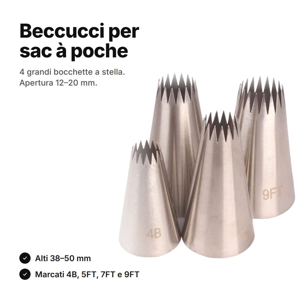 Beccucci per sac à poche in acciaio inox – 4 grandi bocchette a stella aperta, apertura 12–20 mm