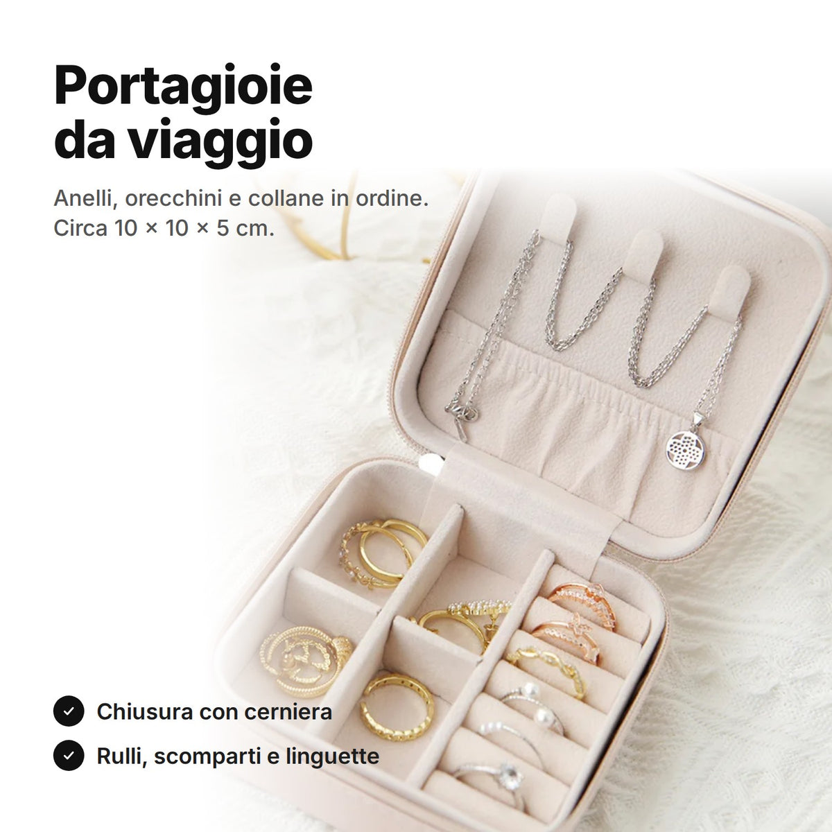 Portagioie da viaggio bianco aperto con anelli e collane – circa 10 × 10 × 5 cm, chiusura a cerniera