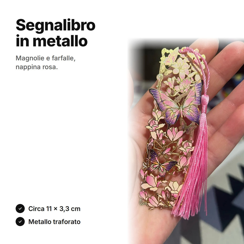 Segnalibro in metallo con magnolie e farfalle, nappina rosa, circa 11 × 3,3 cm