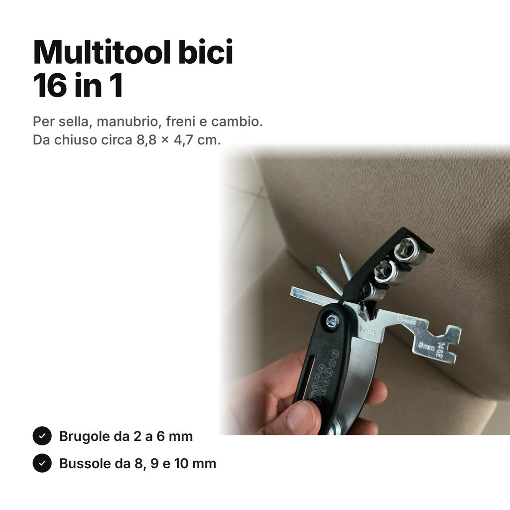 Multitool bici 16 in 1: attrezzo pieghevole con brugole e chiavi a bussola, circa 8,8 × 4,7 cm da chiuso