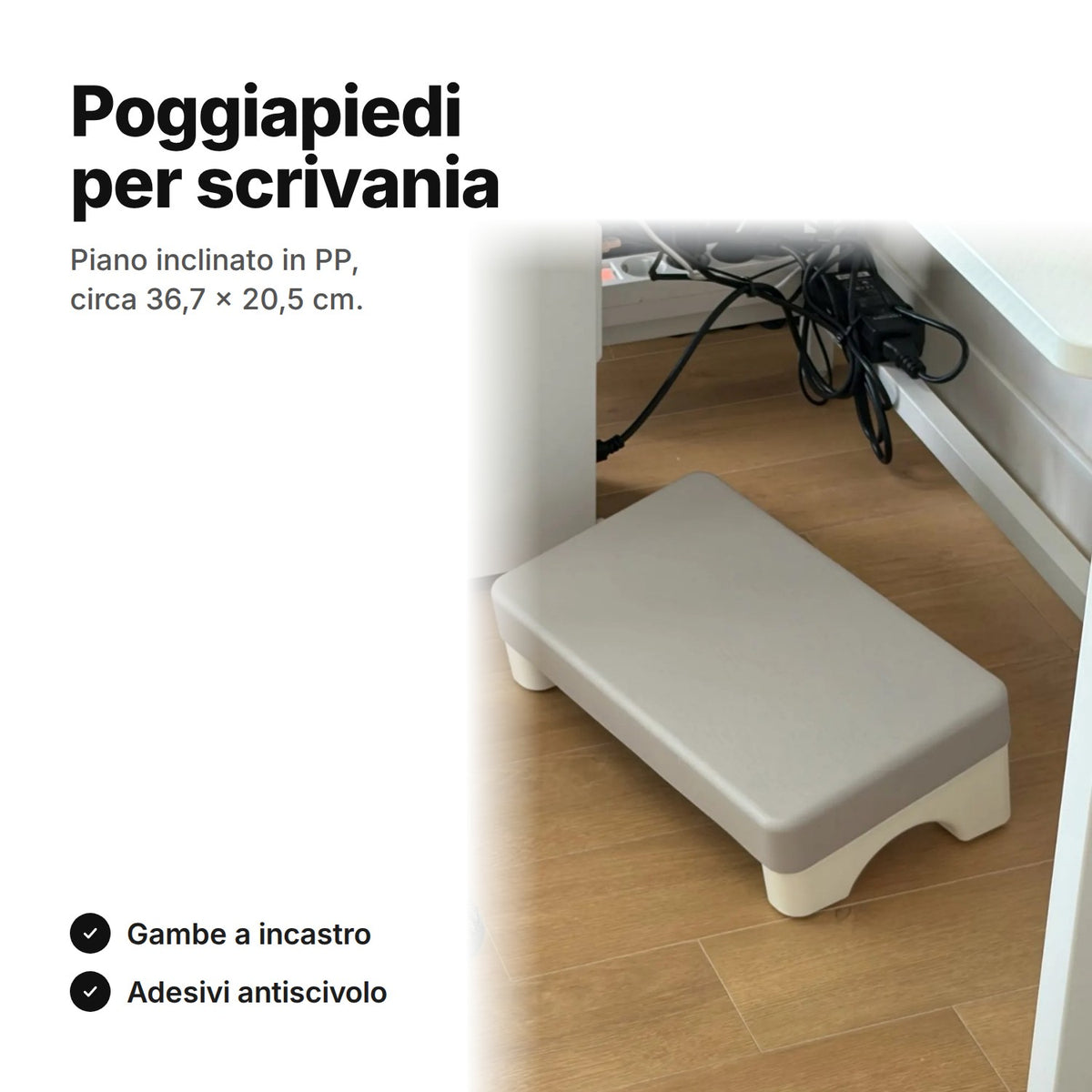 Poggiapiedi per scrivania grigio – piano inclinato in PP di circa 36,7 × 20,5 cm su due gambe a incastro, sotto una scrivania
