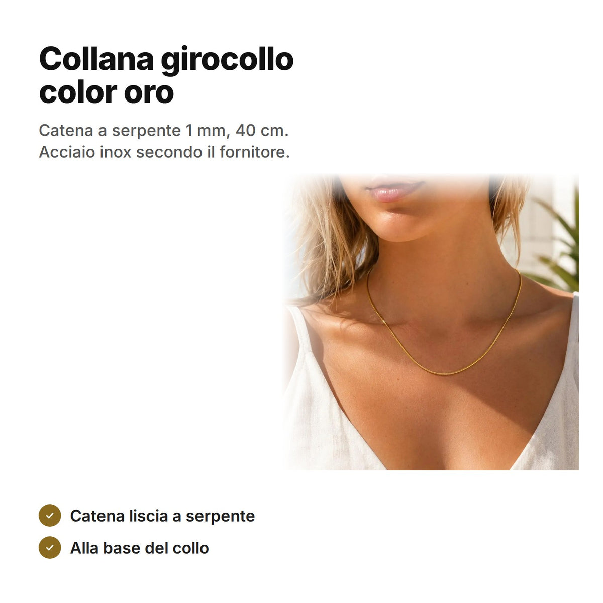Collana girocollo color oro in acciaio inossidabile, catena a serpente 1 mm, 40 cm