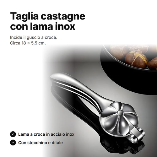 Taglia castagne con lama in acciaio inox accanto a una ciotola di castagne arrostite – circa 18 × 5,5 cm