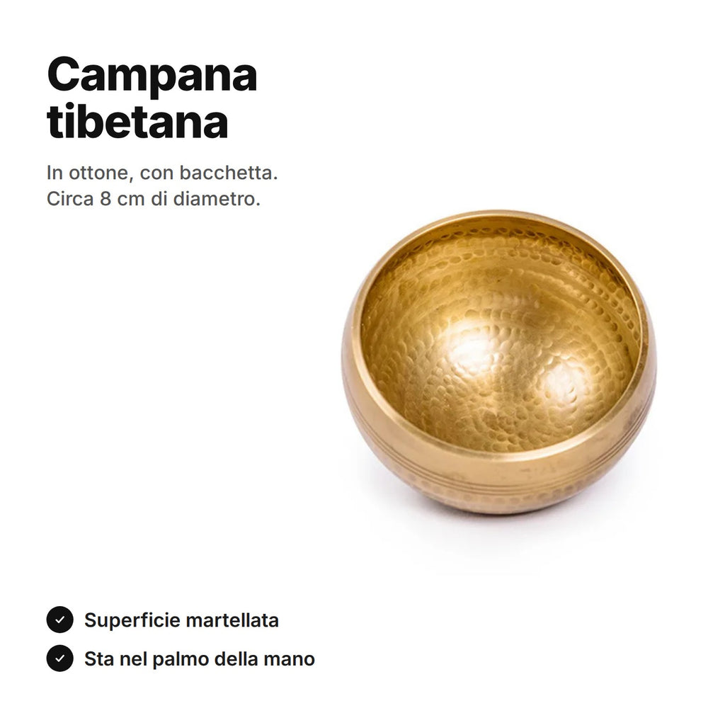 Campana tibetana in ottone con bacchetta, circa 8 cm di diametro, superficie martellata