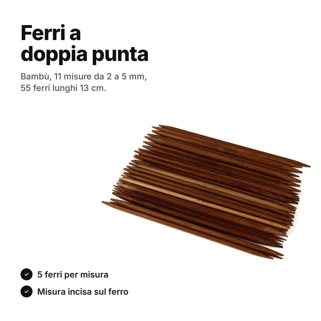 Ferri a doppia punta in bambù – 55 ferri in 11 misure da 2 a 5 mm, lunghi 13 cm