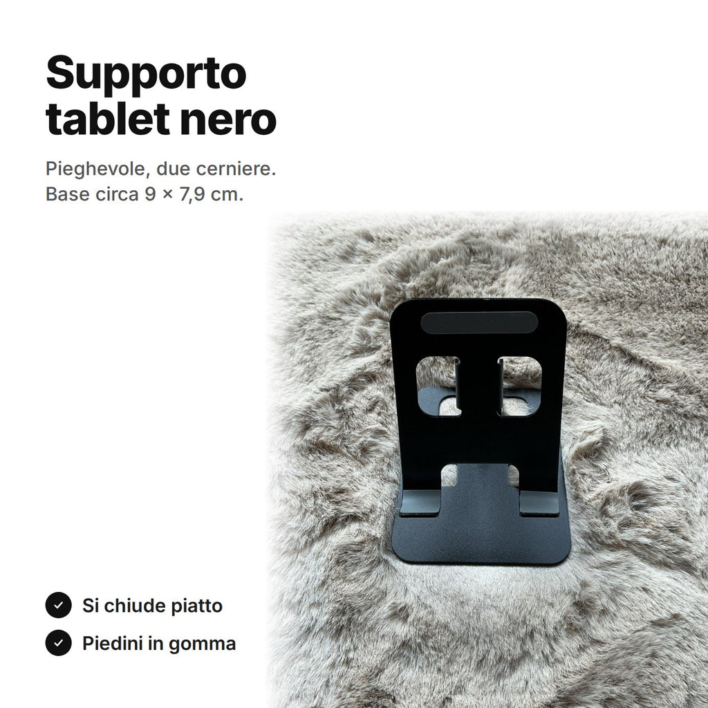 Supporto tablet nero pieghevole con due cerniere, base circa 9 × 7,9 cm