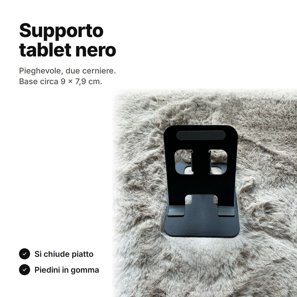Supporto tablet nero pieghevole con due cerniere, base circa 9 × 7,9 cm