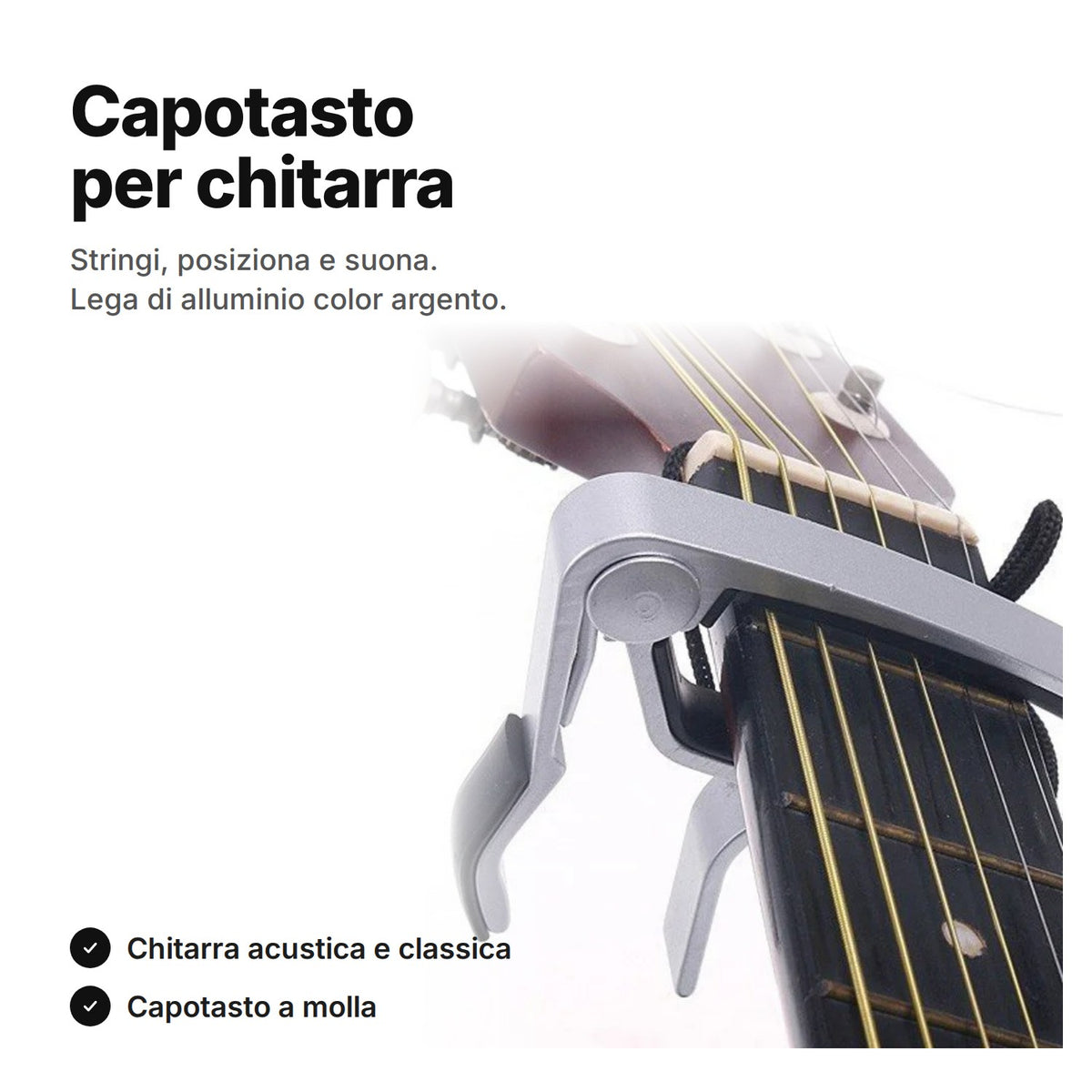 Capotasto per chitarra color argento a molla, per chitarra acustica e classica
