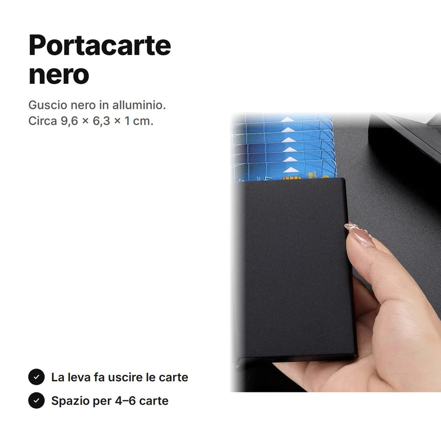 Portacarte nero in alluminio: la leva fa uscire le carte, circa 9,6 × 6,3 × 1 cm