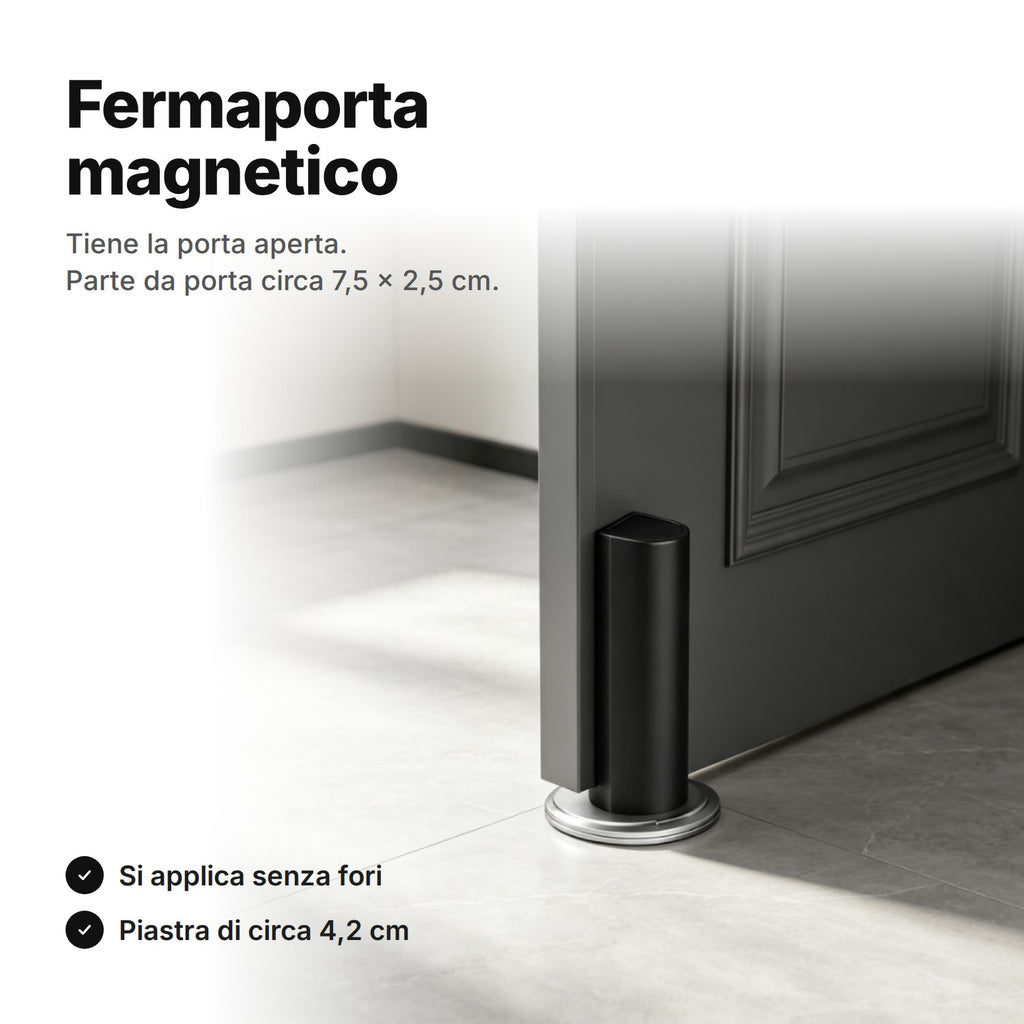 Fermaporta magnetico nero in basso su una porta – parte da porta circa 7,5 × 2,5 cm, si applica senza fori