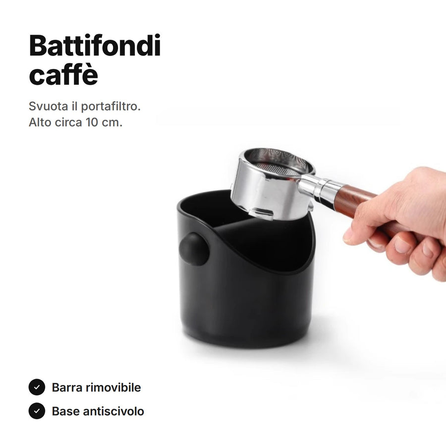 Battifondi caffè mini nero con un portafiltro tenuto sopra il contenitore – alto circa 10 cm, barra rimovibile