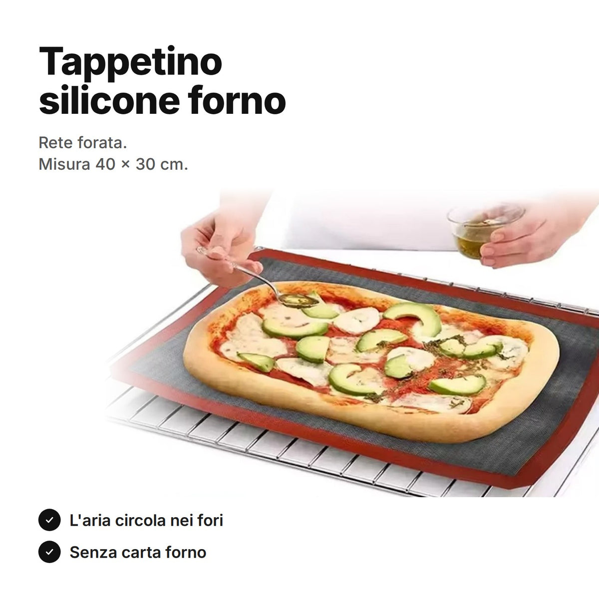 Tappetino silicone forno: pizza sul tappetino forato – misura 40 × 30 cm, l'aria circola nei fori