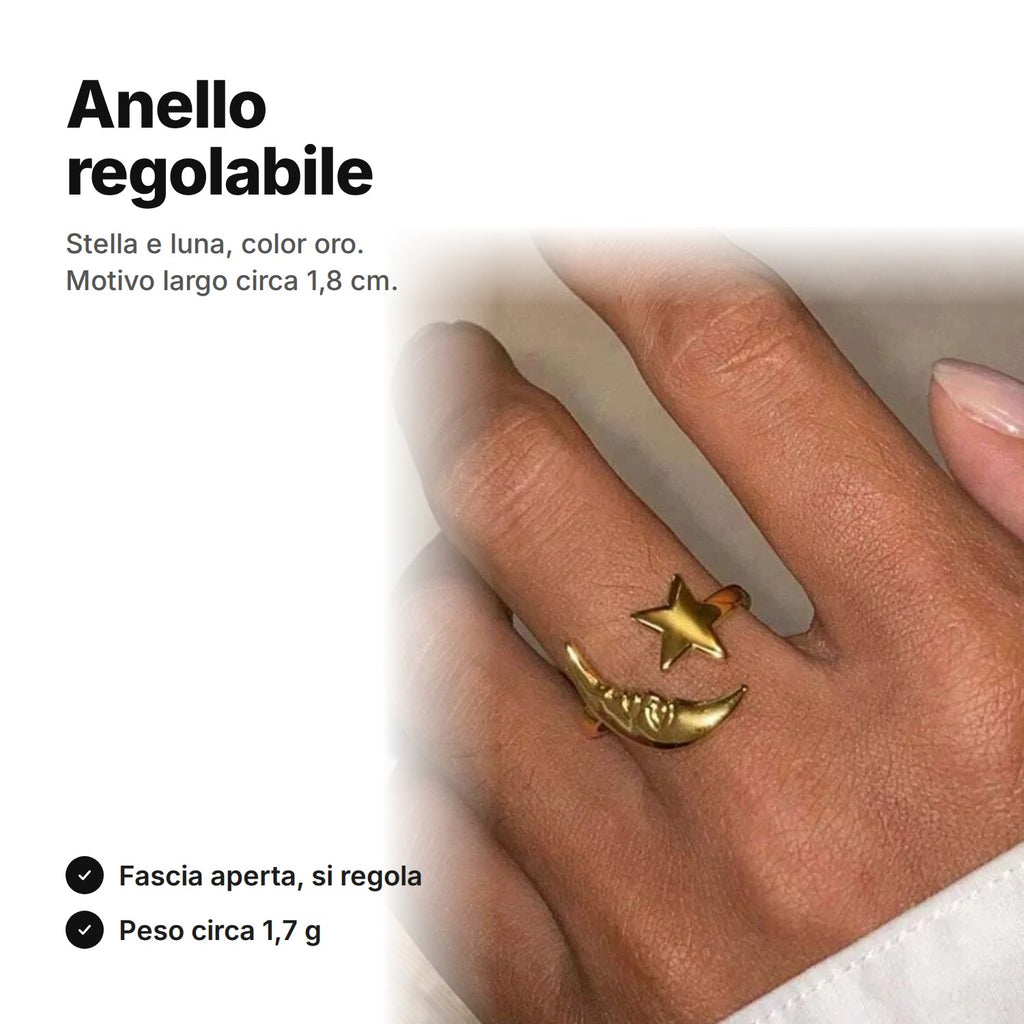 Anello regolabile color oro con stella e luna al dito, motivo largo circa 1,8 cm