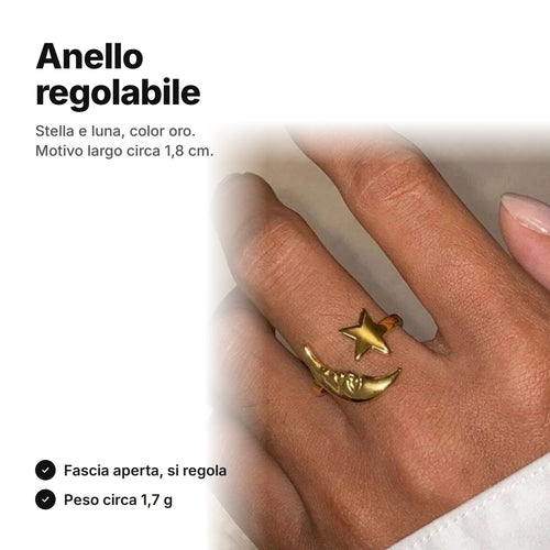 Anello regolabile color oro con stella e luna al dito, motivo largo circa 1,8 cm