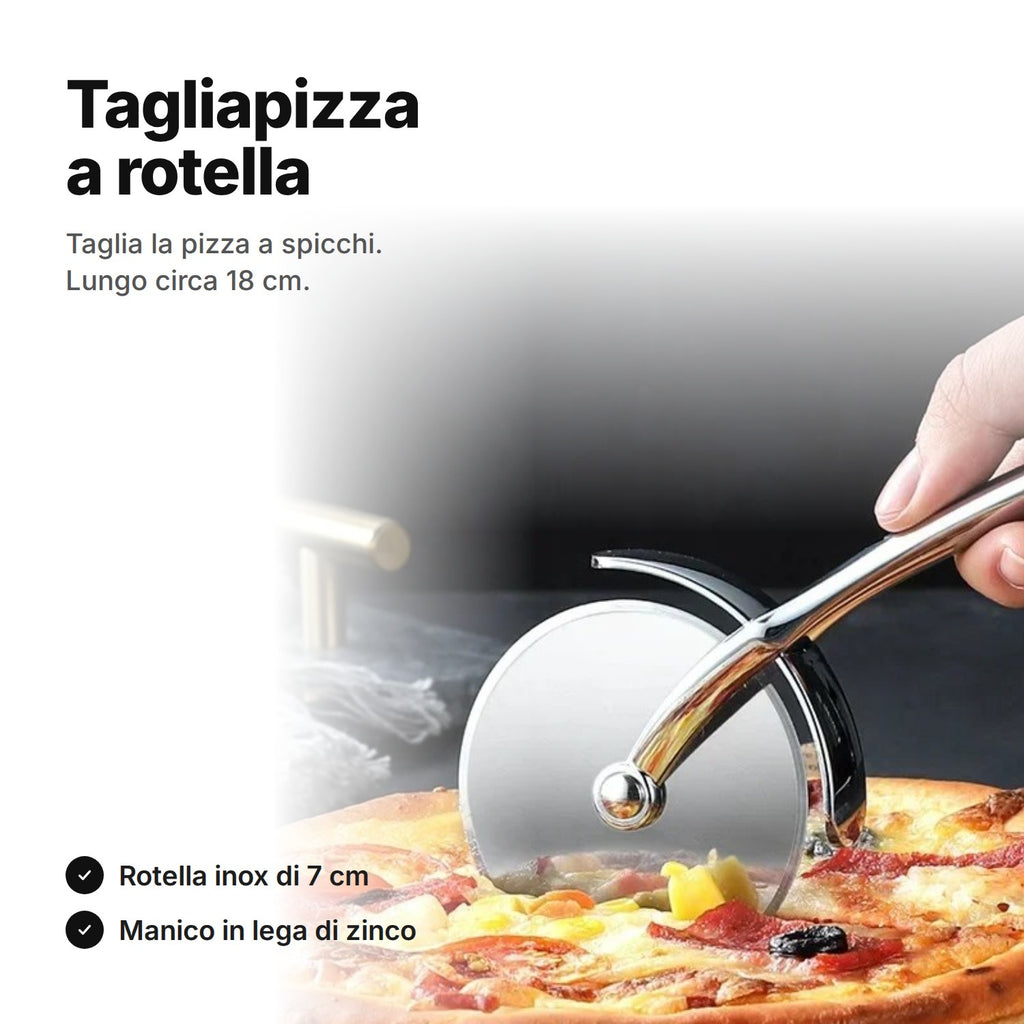Tagliapizza a rotella in acciaio inox su una pizza – lungo circa 18 cm, rotella di circa 7 cm