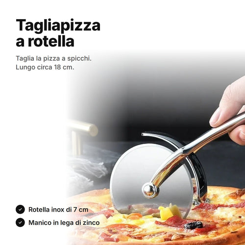 Tagliapizza a rotella in acciaio inox su una pizza – lungo circa 18 cm, rotella di circa 7 cm