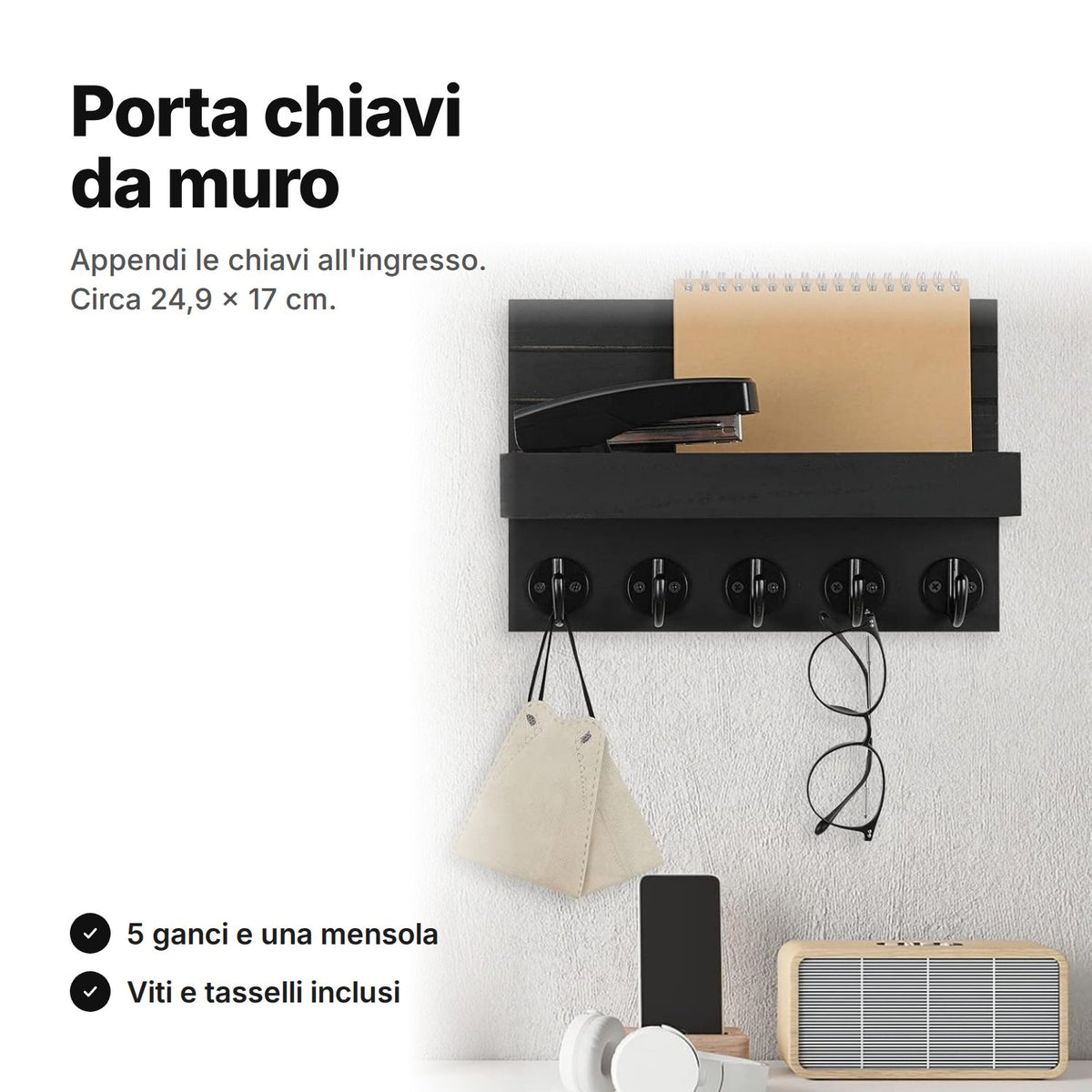 Porta chiavi da muro in legno nero con mensola e 5 ganci, appeso sopra una scrivania – circa 24,9 × 17 × 10,7 cm