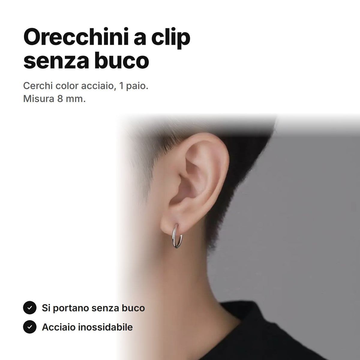 Orecchini a clip senza buco – cerchi color acciaio, misura 8 mm, 1 paio