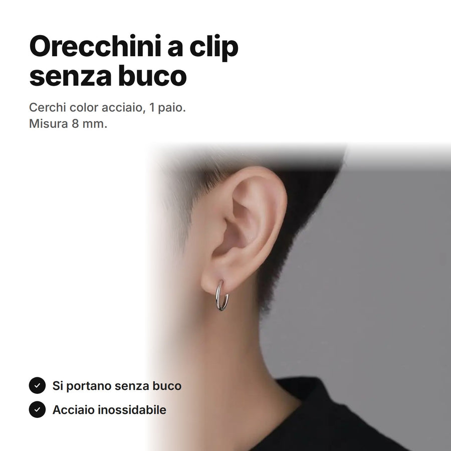 Orecchini a clip senza buco – cerchi color acciaio, misura 8 mm, 1 paio