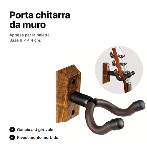 Porta chitarra da muro: base in legno 9 × 4,4 cm e gancio a U girevole rivestito