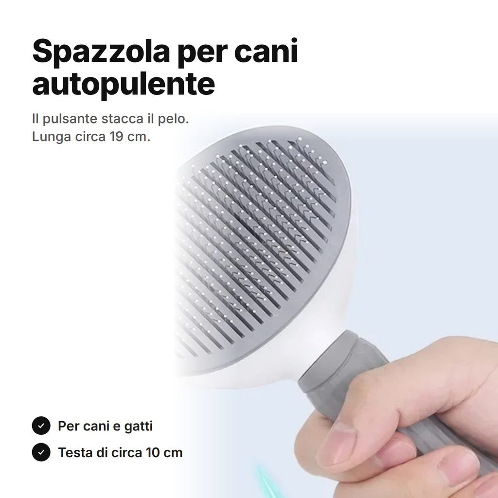 Spazzola per cani autopulente grigia, lunga circa 19 cm, con testa di circa 10 cm