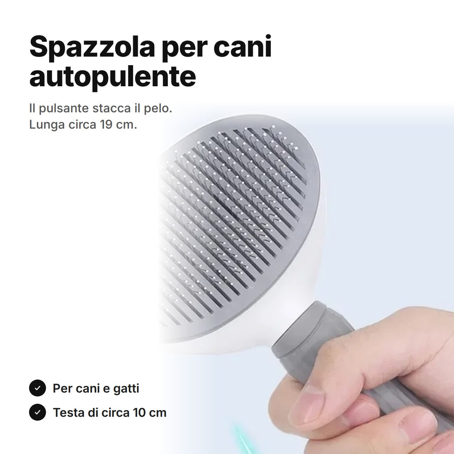 Spazzola per cani autopulente grigia, lunga circa 19 cm, con testa di circa 10 cm