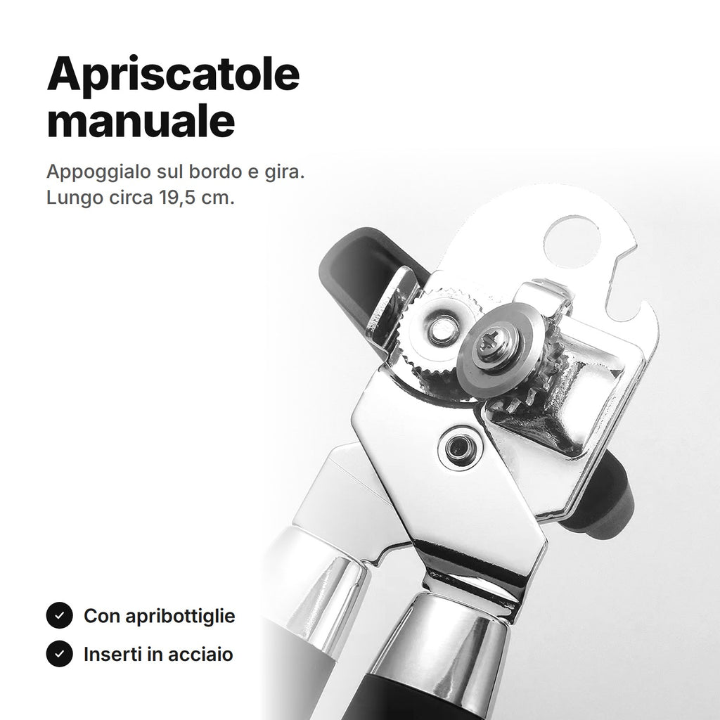 Apriscatole manuale con manopola e apribottiglie – la testa con la rotella dentata da vicino, lungo circa 19,5 cm