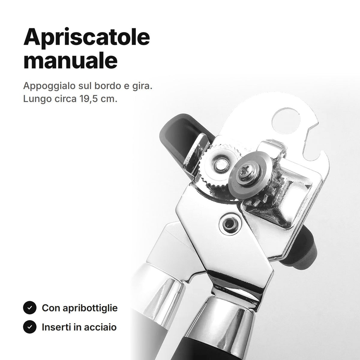 Apriscatole manuale con manopola e apribottiglie – la testa con la rotella dentata da vicino, lungo circa 19,5 cm