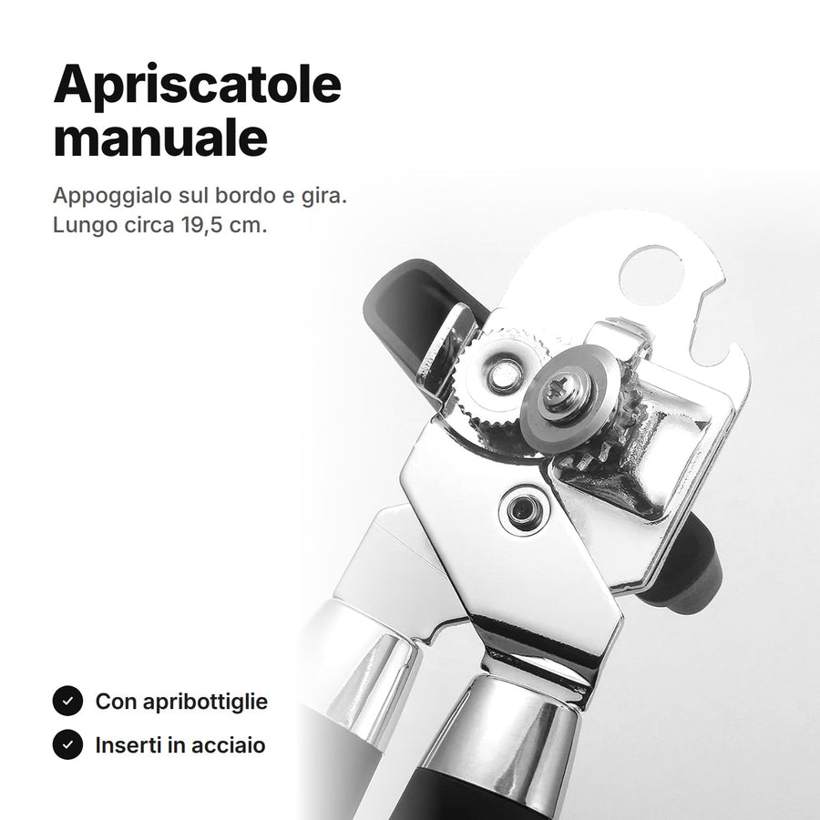 Apriscatole manuale con manopola e apribottiglie – la testa con la rotella dentata da vicino, lungo circa 19,5 cm