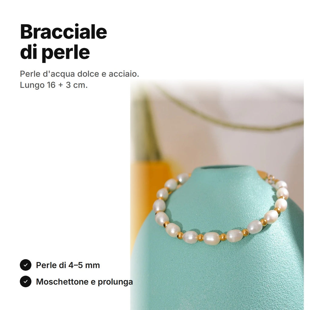 Bracciale di perle d'acqua dolce con sferette color oro in acciaio, lungo 16 cm + 3 cm di prolunga
