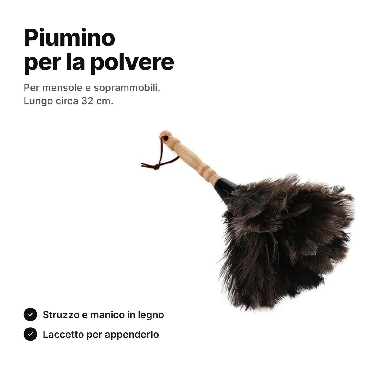 Piumino per la polvere in piume di struzzo con manico in legno e laccetto – lungo circa 32 cm