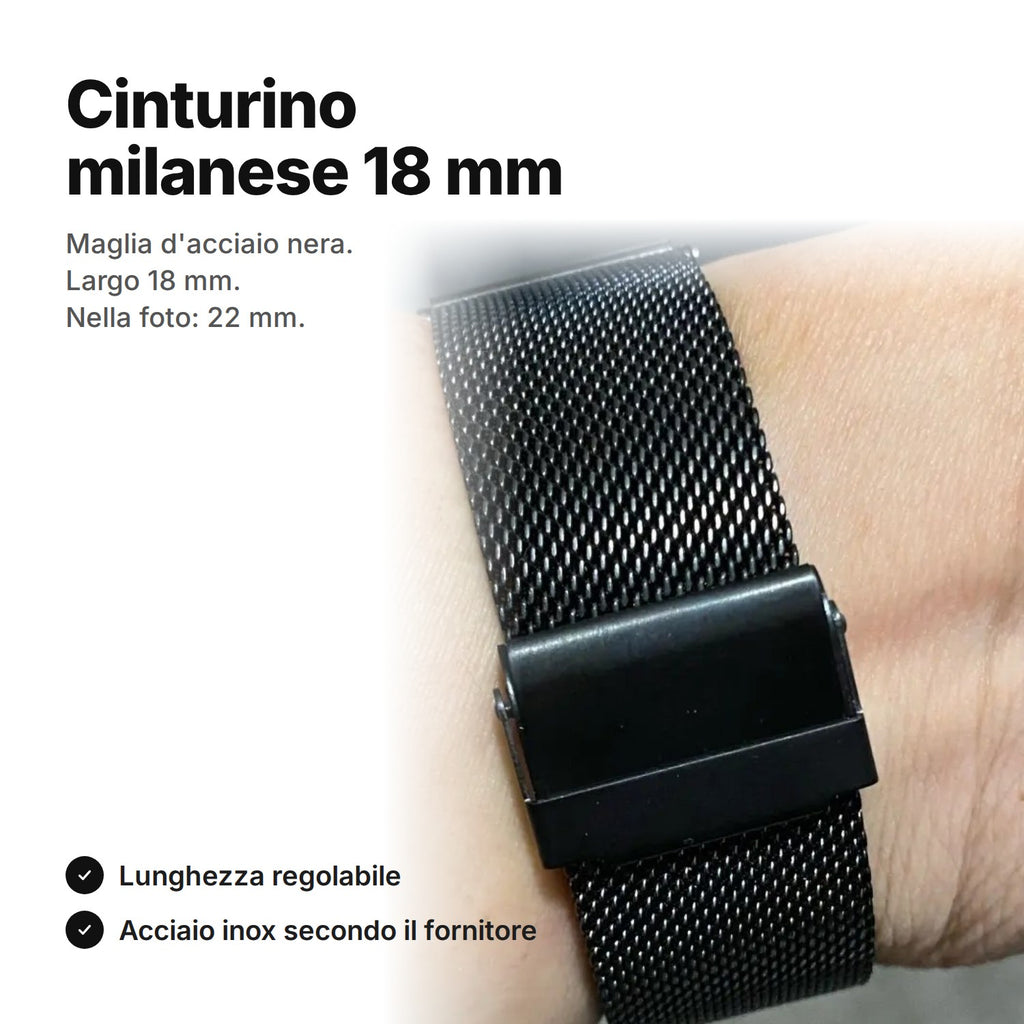 Cinturino per orologio in acciaio, milanese 18 mm: maglia nera e chiusura pieghevole al polso (nella foto la versione da 22 mm)