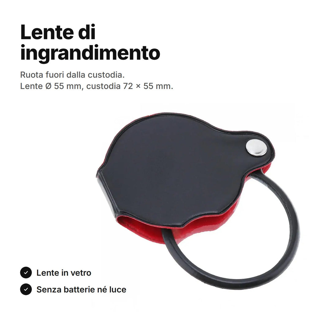 Lente di ingrandimento tascabile: lente in vetro Ø 55 mm che ruota fuori dalla custodia nera