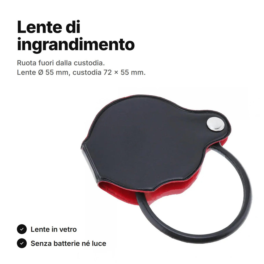 Lente di ingrandimento tascabile: lente in vetro Ø 55 mm che ruota fuori dalla custodia nera