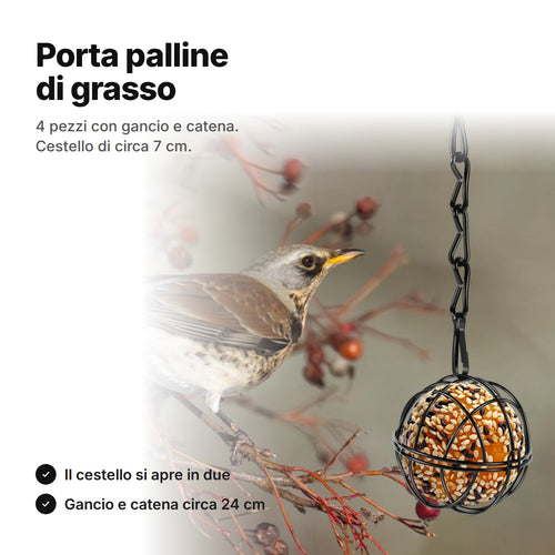 Porta palline di grasso per uccelli in metallo nero con una pallina di grasso, accanto a un uccello su un ramo – cestello di circa 7 cm