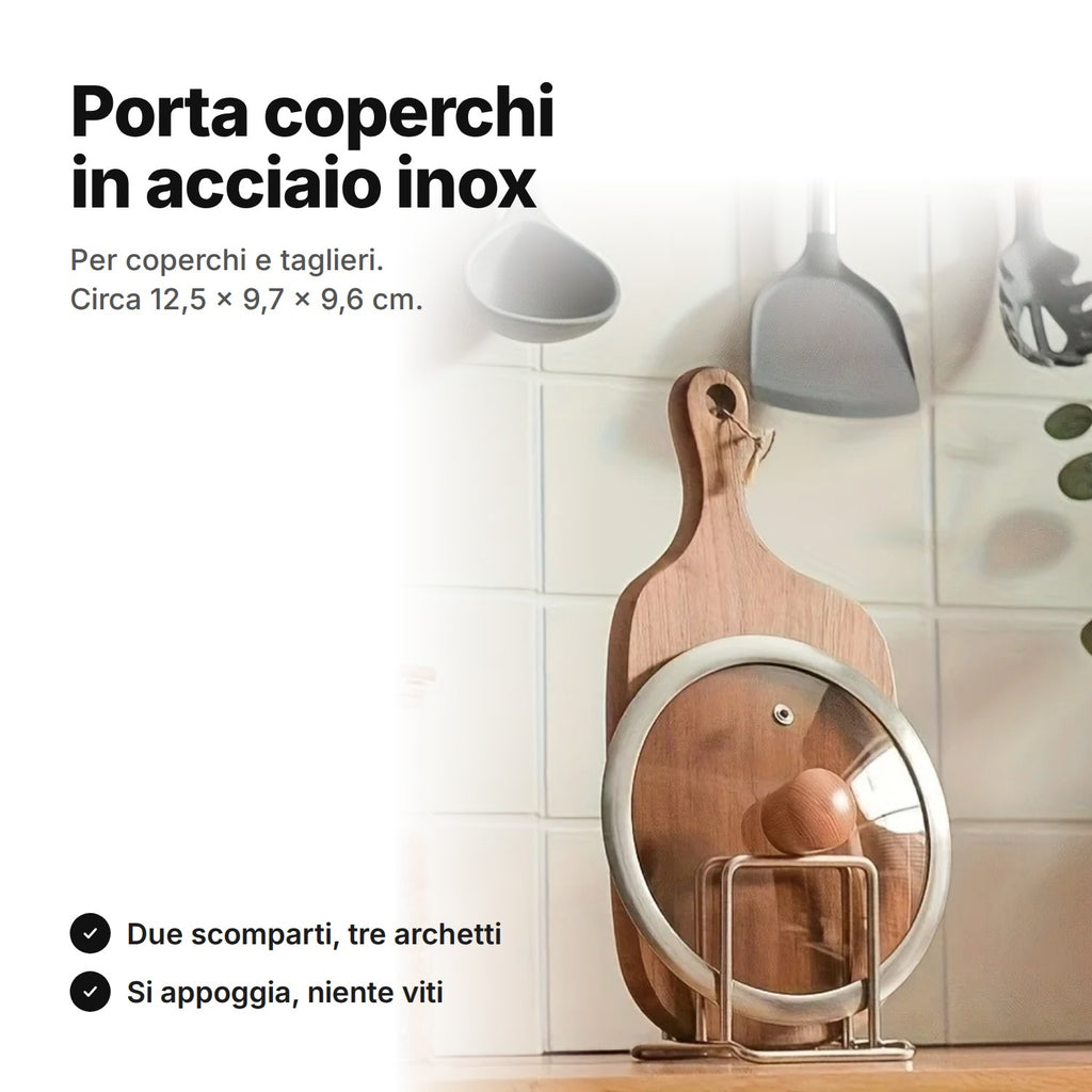 Porta coperchi in acciaio inox con un coperchio e un tagliere in piedi – circa 12,5 × 9,7 × 9,6 cm, due scomparti