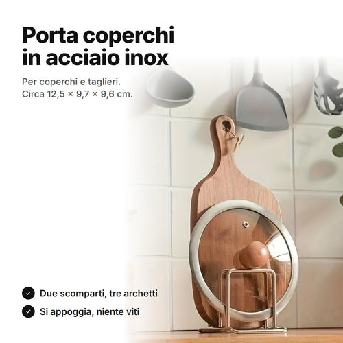 Porta coperchi in acciaio inox con un coperchio e un tagliere in piedi – circa 12,5 × 9,7 × 9,6 cm, due scomparti
