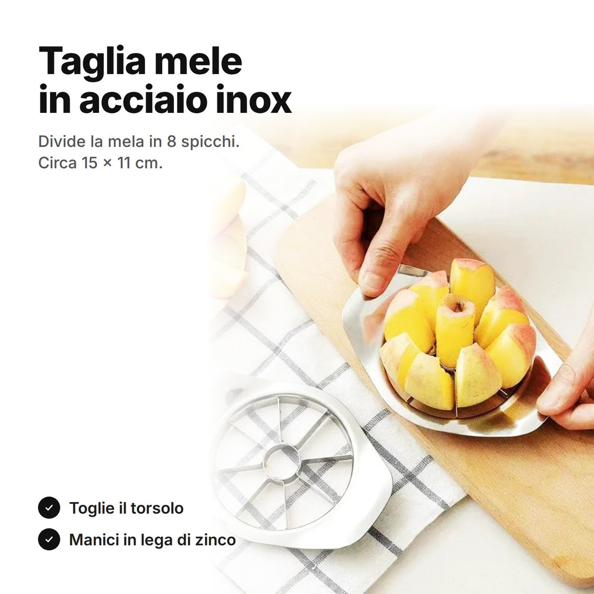 Taglia mele in acciaio inox premuto su una mela che si divide in 8 spicchi – circa 15 × 11 cm
