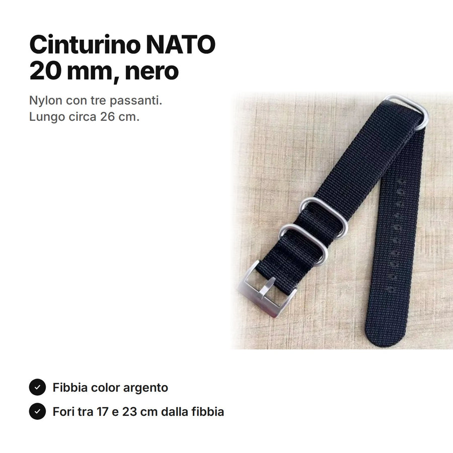 Cinturino NATO nero da 20 mm in nylon con fibbia color argento e tre passanti, lungo circa 26 cm