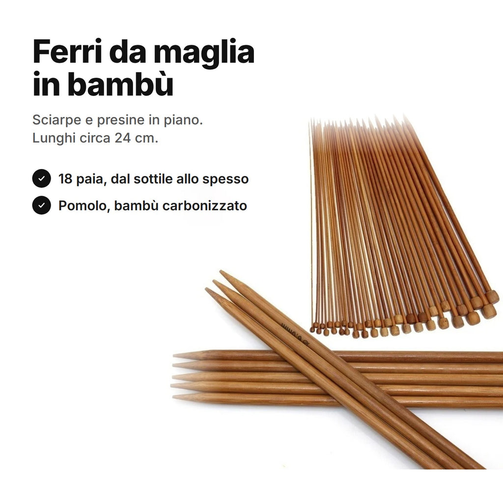 Ferri da maglia in bambù carbonizzato: 18 paia di ferri dritti con pomolo, lunghi circa 24 cm