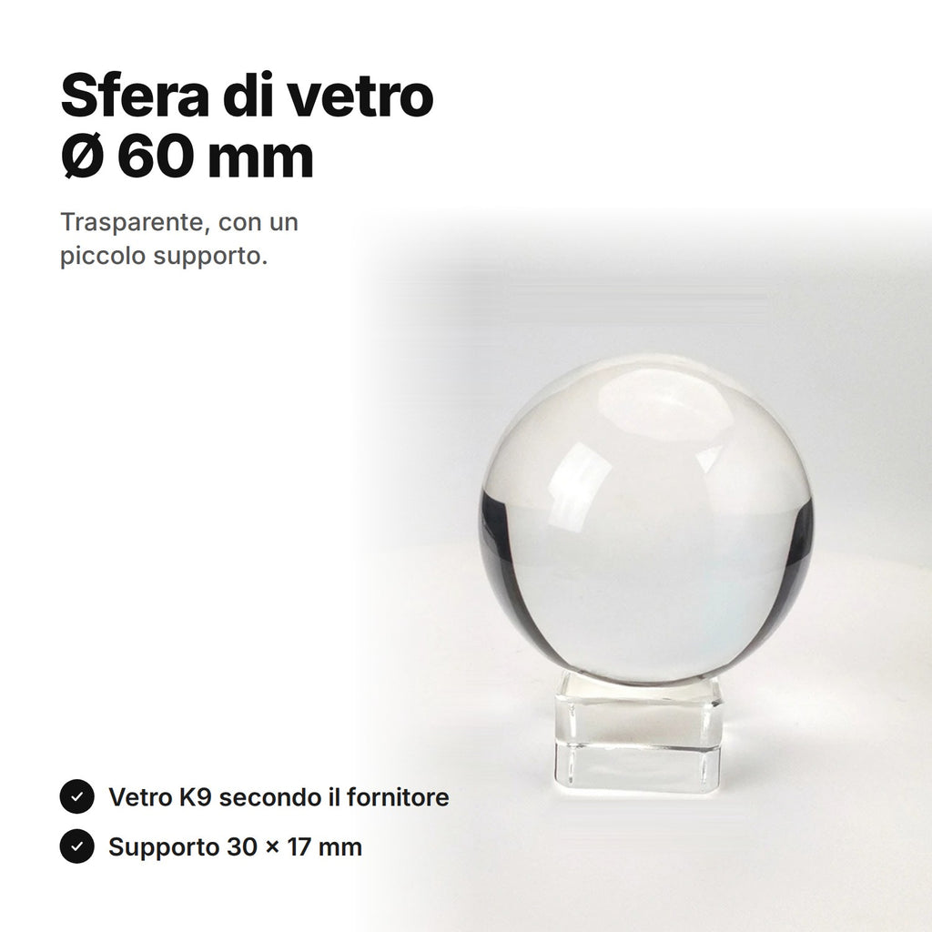 Sfera di vetro trasparente Ø 60 mm sul suo piccolo supporto trasparente