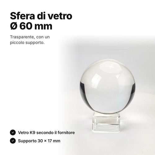 Sfera di vetro trasparente Ø 60 mm sul suo piccolo supporto trasparente