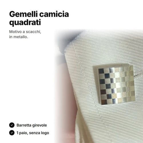 Gemelli camicia quadrati con motivo a scacchi sul polsino di una camicia bianca