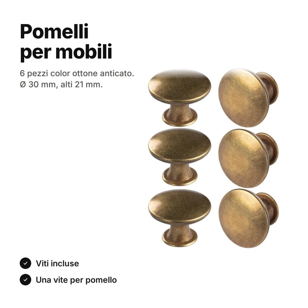 Sei pomelli per mobili rotondi color ottone anticato, Ø 30 mm e alti 21 mm