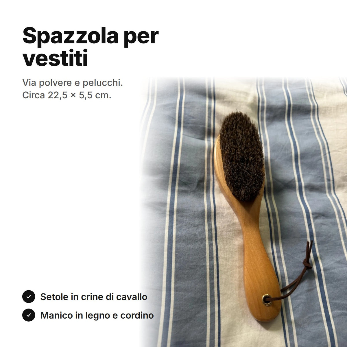 Spazzola per vestiti in crine di cavallo con manico in legno e cordino, circa 22,5 × 5,5 cm