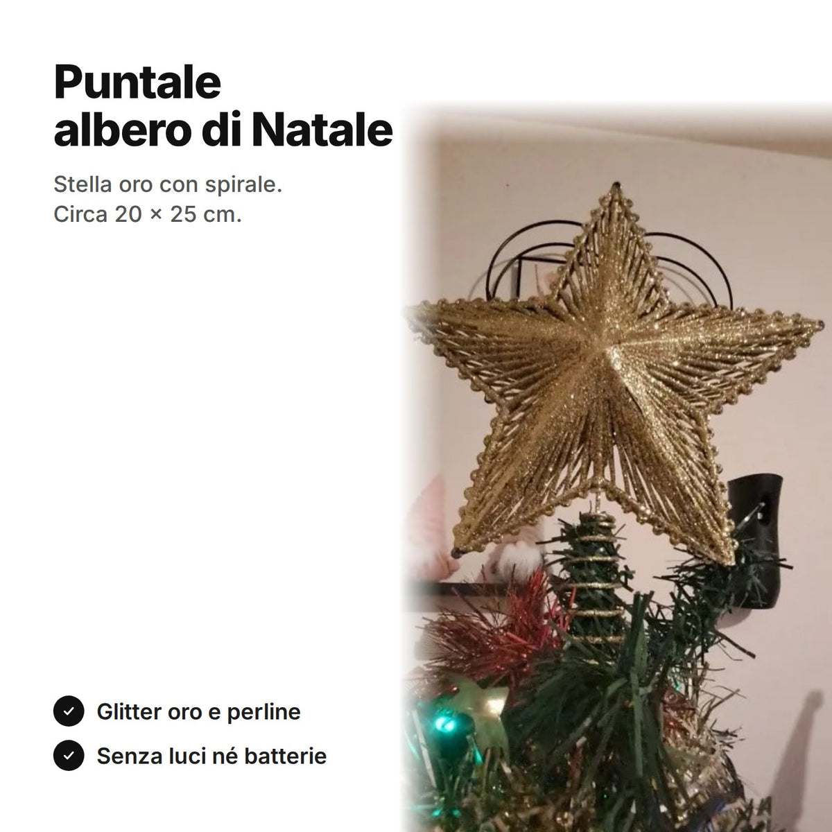 Puntale albero di Natale a stella oro con glitter e spirale, circa 20 × 25 cm, senza luci