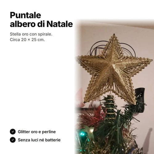 Puntale albero di Natale a stella oro con glitter e spirale, circa 20 × 25 cm, senza luci
