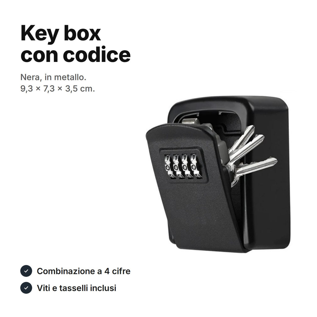 Key box nera con combinazione a 4 cifre, in metallo, 9,3 × 7,3 × 3,5 cm, con chiavi nello scomparto