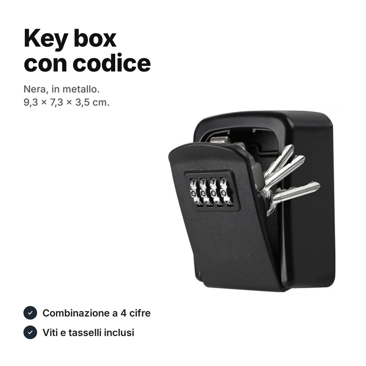 Key box nera con combinazione a 4 cifre, in metallo, 9,3 × 7,3 × 3,5 cm, con chiavi nello scomparto